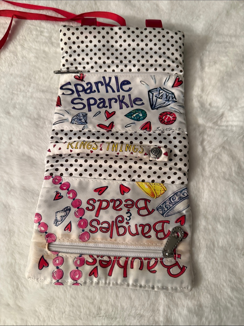 Brighton White Polka Dot Sparkle Travel Jewelry Roll with Pink Accents